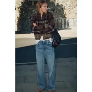 Zara Checkered Knit Plaid Bomber Jacket - S Brown/Ecru